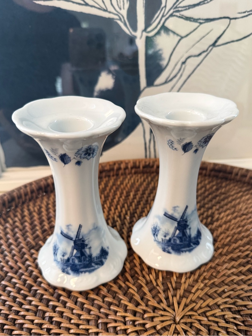 DELFT Hand Painted Delft Blue & White Floral Porcelain Taper Candle Holders